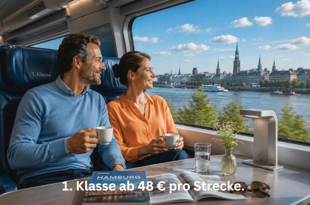 Ein lächelndes Paar sitzt im 1. Klasse-Abteil eines Zuges an einem Tisch mit Kaffee, schaut aus dem Fenster auf eine Stadt am Fluss.
