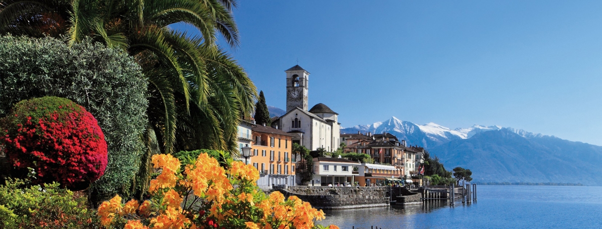 Malerische Uferpromenade mit blühenden Gärten, historischen Gebäuden und schneebedeckten Alpen im Hintergrund. Ein idyllisches Seeufer-Panorama in der Schweiz oder Norditalien, perfekt für Natur- und Kulturliebhaber.